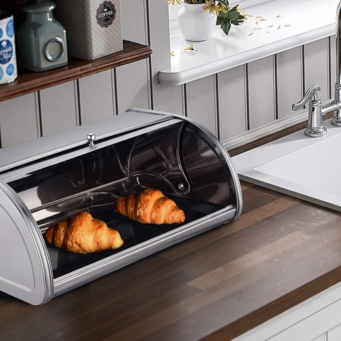 HILFA Stainless Steel Bread Box with Roll Up Lid, For Easy Kitchen Counter Storage, Bread Bin Holder,17.5X11.5X7.5 inch, Brushed,SB3100-BR