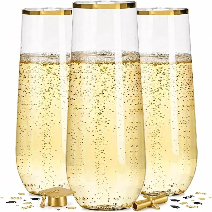 Ciaell 24 Pack Gold Plastic Champagne Flutes for Mimosa Bars | 9 oz Gold Stemless Mimosa Glasses, Heavy Duty Plastic, Champagne Mimosas Wine Cocktails for Weddings Birthdays Parties