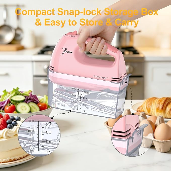 LILPARTNER Electric Hand Mixer with Storage Box, Ultra Power Kitchen Hand Mixer With 7-Speed & 5 Stainless Steel Accessories for Whipping Dough, Cream, Cake, Dishwasher Safe, PINK BOX