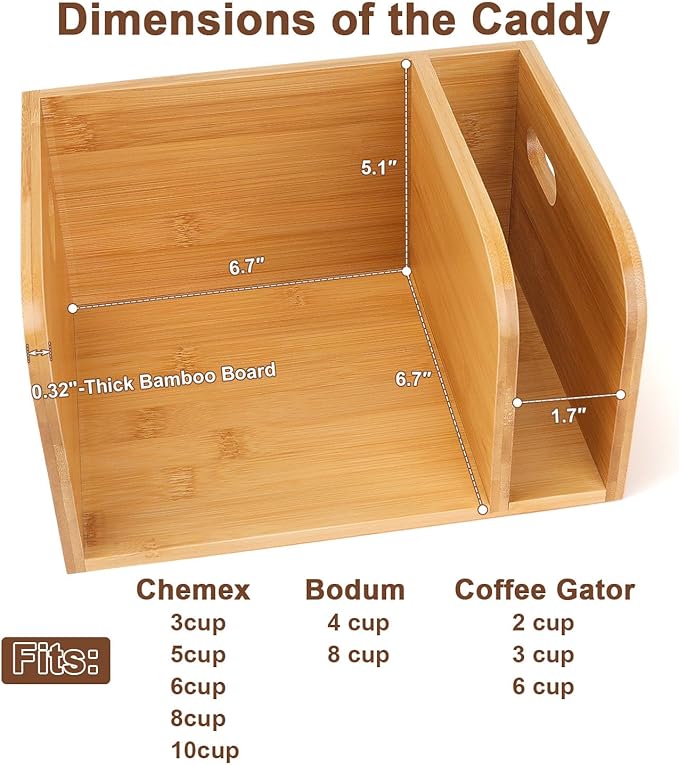 Bamboo Caddy with Lid & Heatproof Trivets Mat for Chemex CoffeeMakers | Bamboo Cup not Included - Designed for Chemex Pour - Over Glass Coffeemaker(3/5/6/8/10Cup), for Bodum Pour Over Coffee makers