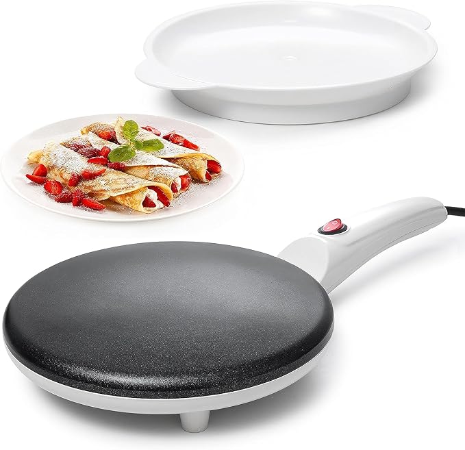 Moss & Stone White Electric Crepe Maker, 8" Portable Nonstick Crepe Pan | Nonstick dipping plate, auto shut-off, on/off switch, even heating, automatic temperature control, compact design
