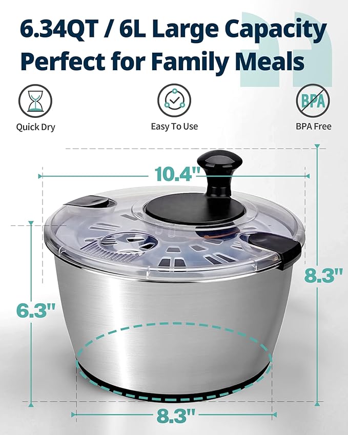 Stainless Steel Salad Spinner, 6.34Qt Large Lettuce Dryer, BPA-Free Vegetable & Fruit Washer with Drain, Easy Clean, Non-Slip Base, Transparent Lid