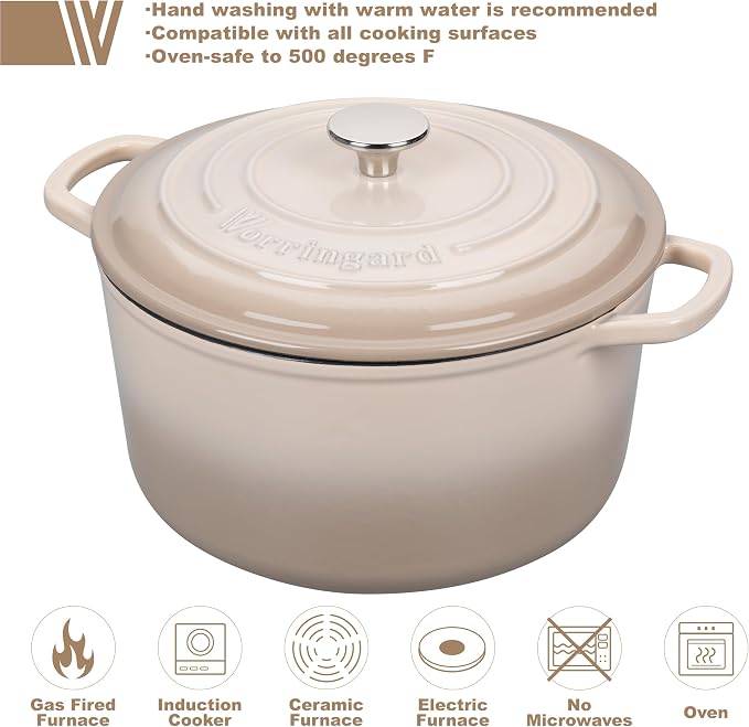 Enameled Cast Iron Dutch Oven Pot with Lid, for Sourdough Bread Baking, Round Dutch Ovens, 6 Quart, Latte