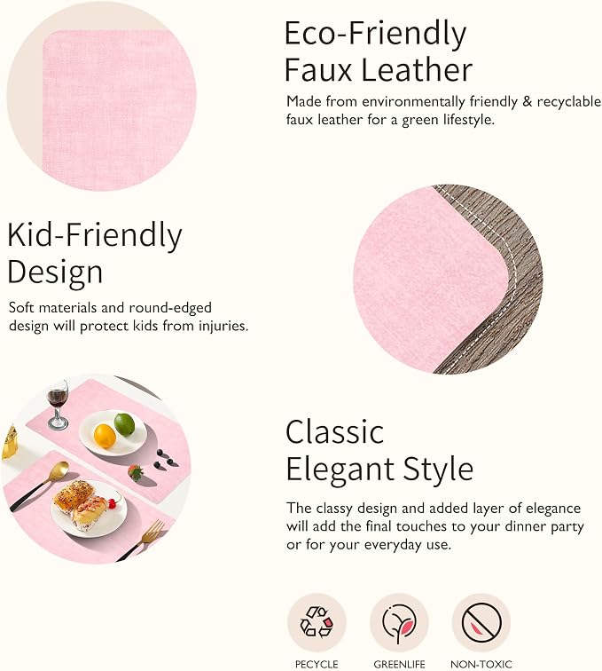 Maxpearl Faux Leather Placemats Set of 4, Easy to Clean, Peachy Pink | Waterproof - Heat Resistant - Non Slip - Wipe Clean Dining Table Place Mats, Suitable for Indoor & Outdoor Use, 17''×12''