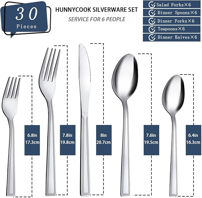Hunnycook 30-Piece Silverware Set - Stainless Steel Silverware Set for 6, Include Spoons and Forks Set, Mirror Polished, Dishwasher Safe, Cutlery Set for Home Kitchen Restaurant Hotel