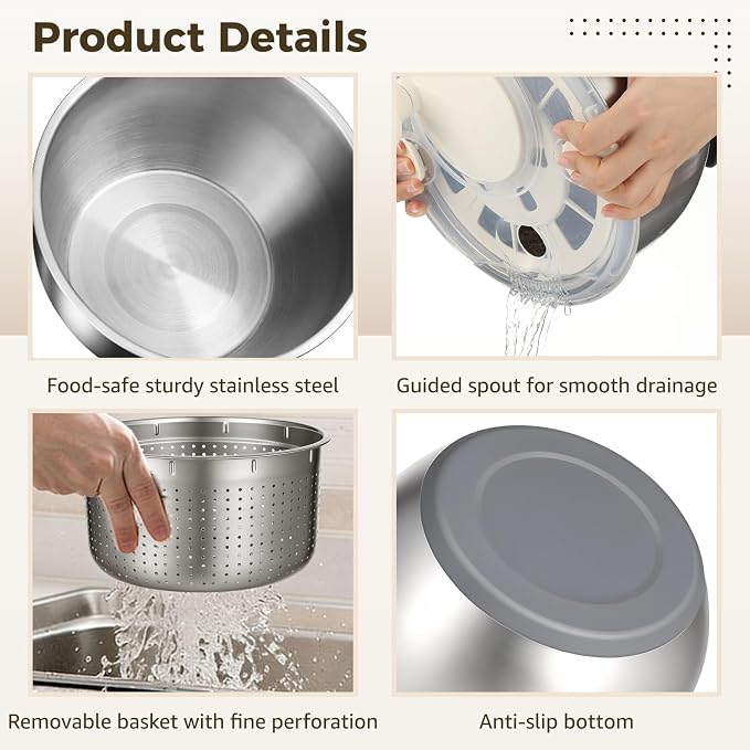 6L Stainless Steel Salad Spinner Set with Grater and Food Clip | Metal Salad Spinner, Fruit Vegetable Dryer with Built-in Drain Spout for Dehydrating Fruit and Vegetable, Pasta