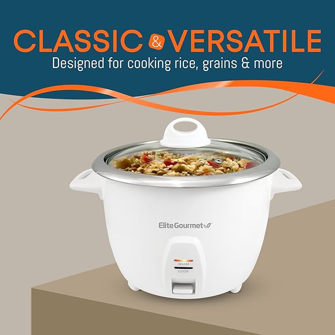 Elite Gourmet ERC-2010 Rice Cooker, Stainless Steel, White, 10 Cups Cooked | Keep Warm - Also Makes Soups, Stews, Grains and Cereals for Versatile Everyday Family Cooking
