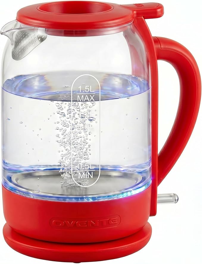 OVENTE 1.5L Glass Electric Kettle Water Boiler, Red KG516R | 1500W Fast Boiling, Easy Fill Lid, Stainless Steel Filter, LED Indicator, Auto Shut-Off, Boil-Dry Protection, 360° Base