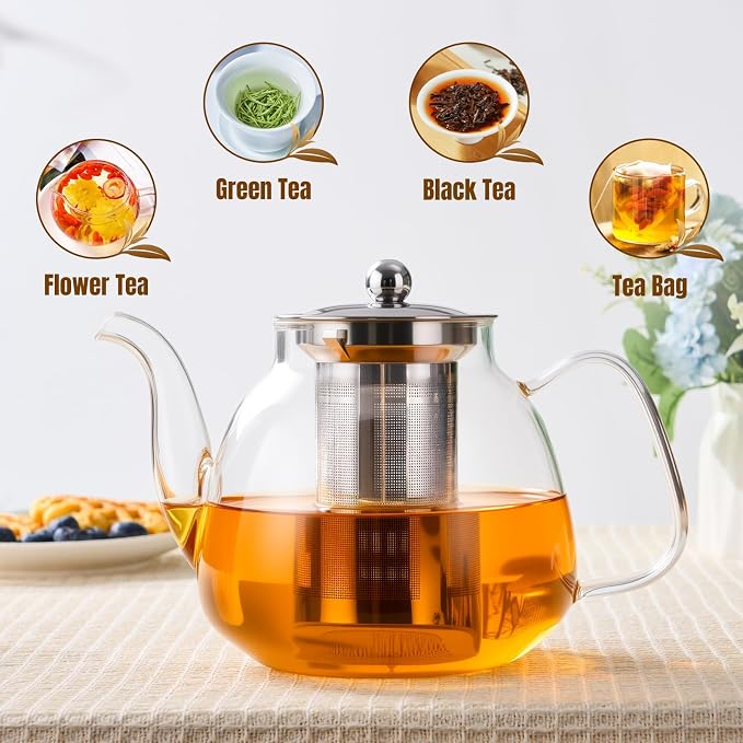 PARACITY Tea Pot with Infuser and Lid, 40 oz Stovetop Glass Kettle, Clear | Borosilicate body has a removable 18/8 stainless steel strainer, wide mouth and eagle-beak spout for loose leaf or blooms