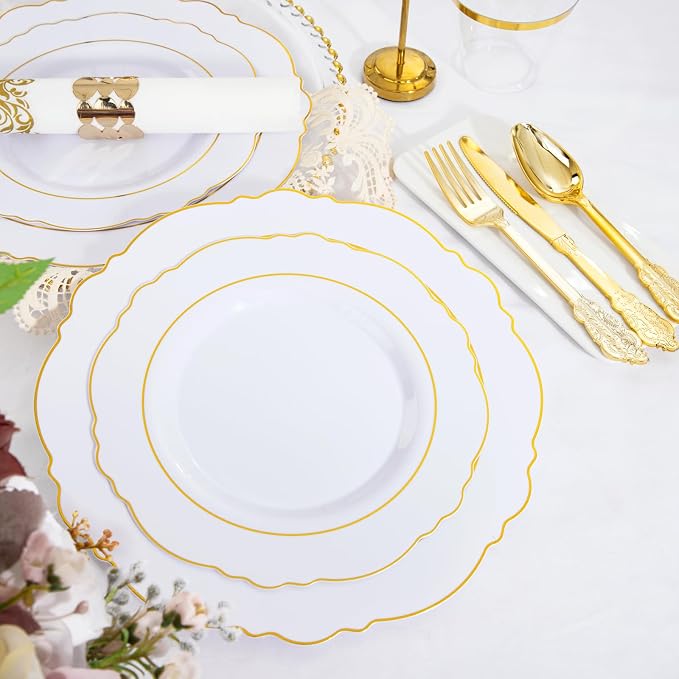 350 Pieces Gold Disposable Plates for 50 Guests, Plastic Plates for Party, Dinnerware Set of 50 Dinner Plates, 50 Salad Plate, 50 Spoons, 50 Forks, 50 Knives, 50 Cups for Wedding/Party