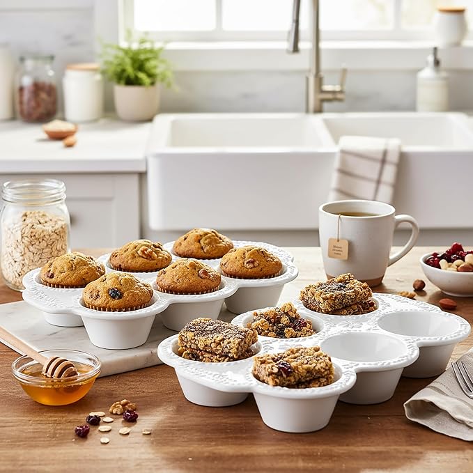 Hiceeden 2 Pack 6-Cup Ceramic Muffin Pan, Nonstick Cupcake Baking Pans with Handle, Ceramic Muffin Tin with Embossed Pattern for Muffin, Cupcake, White