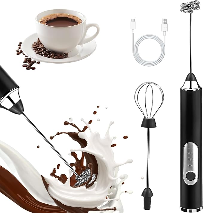 Handheld Milk Frother, Rechargeable Milk Frother, Coffee Mixer Wand, Black | Electric Drink Mixer with 2 Stainless Steel Whisks 3 Speeds, Frother Wand for Latte, Cappuccino, Matcha, Hot Chocolate, Egg