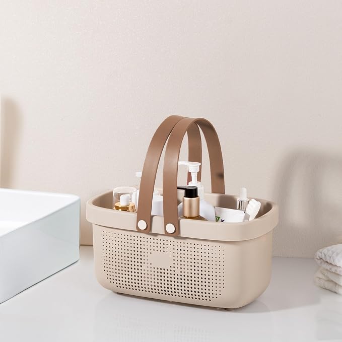Portable Shower Caddy Basket with Handles Plastic Storage Basket Beige | Sturdy Drainage Large Capacity Organizer Basket with Silicone Handles for Bathroom Kitchen Bedroom College Dorm Essentials