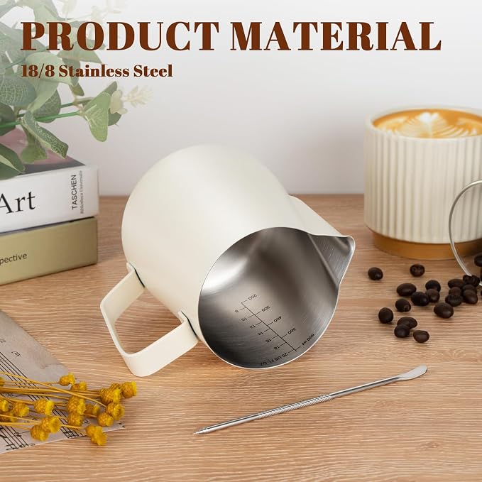 Amrules Milk Frothing Pitcher, 20oz Milk Frother Cup with Clear Scale, 304 Stainless Steel Cappuccino Espresso Machine Accessories for Barista Coffee Bar with Latte Art Pen, White