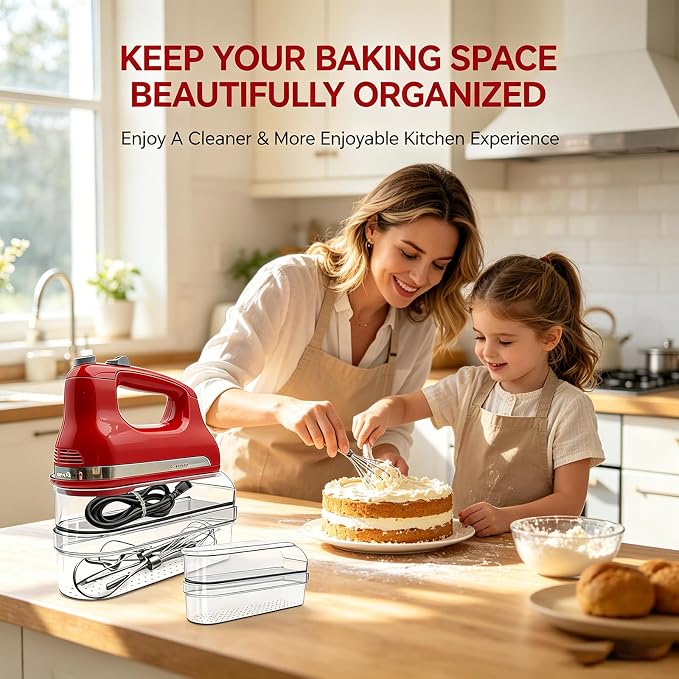 Clear Hand Mixer Storage Case - 2-Layer Acrylic Kitchen Organizer and Countertop Holder for Kitchen Aid & Other Hand Mixers, Utensils, Whisks, and Mixing Accessories - Dustproof, Space Saving