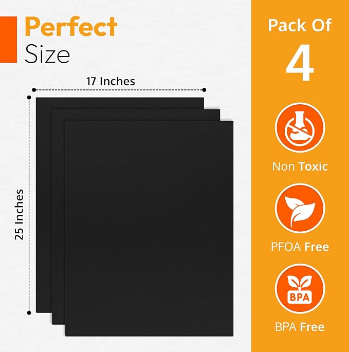 Oven Liners for Bottom of Oven - 17"x 25" Large Heavy Duty Non-Stick 4 Pack | Heat Resistant to 500°F, BPA & PFOA Free, Reusable, Fits Electric, Gas, Toaster, Microwave Ovens & Grills, Spill Guard, Black