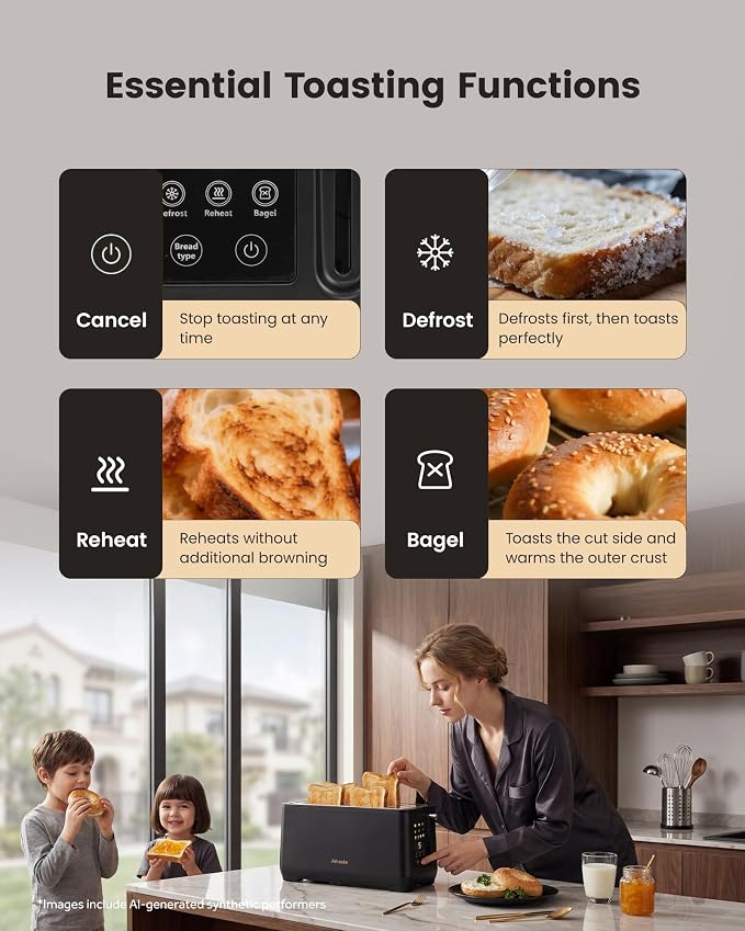 4 Slice Toaster, Long Slot Touch Screen Retro Toaster with Digital Countdown, Extra-Wide Slots for Bagels & Artisan Bread, 6 Browning Levels, 5 Bread Modes, Defrost Reheat Cancel, Stainless Steel