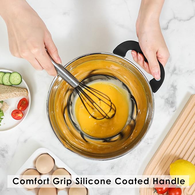 Stainless Steel Mixing Bowls: Stackable Mixing Bowl Set with Lids and Handles Non-slip Silicone Bottom Nesting Bowls for Kitchen Set of 3 - Black