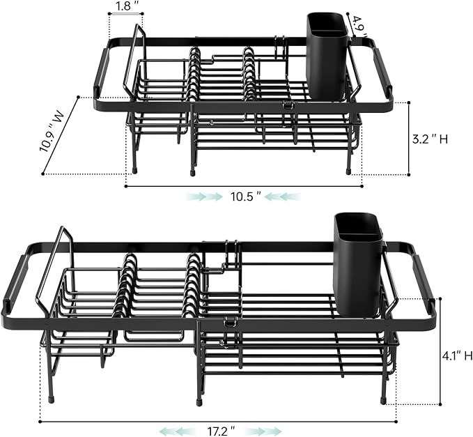 Urackify Expandable in-Sink or Over-Sink Dish Drying Rack, 14.5"-18", Black | Stainless Steel, Fits Most Sinks, Rust-Resistant, Space-Saving, Removable Utensil Holder