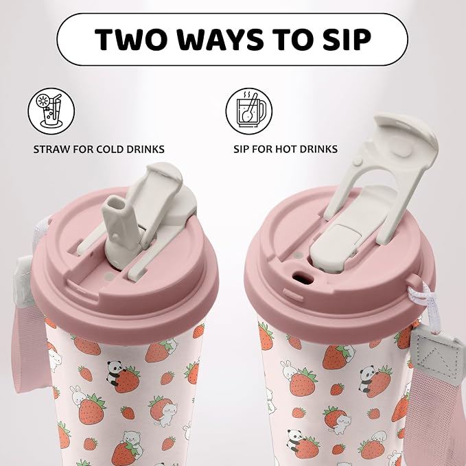 Strawberry Stainless Steel 2-in-1 Lid Coffee Tumbler 18 oz Cute Strawberries Print Insulated Travel Coffee Mug Strawberry Gifts for Women Girls Birthday Christmas