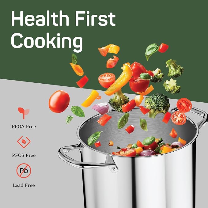 Stainless Steel Stockpot with Tempered Glass Lid 24 Quart, Durable 18/0 Stainless Steel, Impact-Bonded Base for Even Heating, Riveted Handles, Oven & All Stove Compatible, Safe Up To 500°F (260°C)
