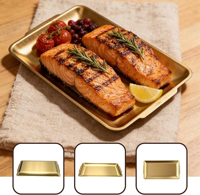 2Pcs 304 Stainless Steel Food Serving Trays, 12.6" Rectangular Gold Platters, Rectangle Versatile Organizer Serving Tray Platter for Kitchen Party Dining Buffet Gatherings Outdoor Events