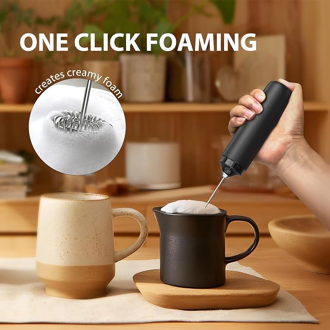 Rechargeable Milk Frother Handheld, Coffee Frother Wand Drink Mixer with Stainless Steel Whisk for Coffee, Cappuccino, Lattes, Frappe, Matcha and Hot Chocolate, (Black)