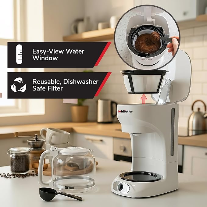 MUELLER HOME 12-Cup White Coffee Maker | Borosilicate Carafe, Auto-Off, Reusable Filter, Anti-Drip, Keep-Warm Function