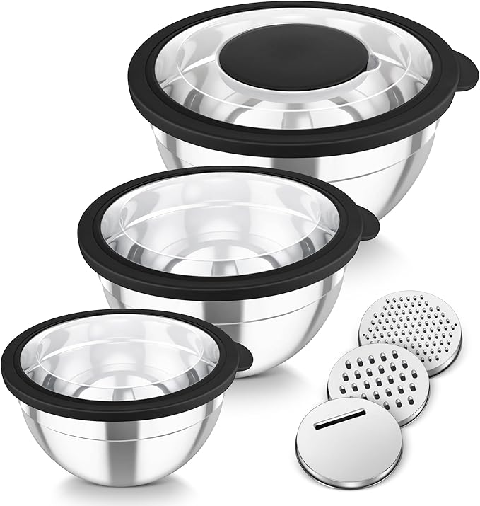 TeamFar Mixing Bowls, 3PCS Stainless Steel Serving Salad Bowls | with Lids & 3 Graters for Kitchen Mixing/Baking/Storing/Prepping, Visible & Airtight, Easy Clean - 4.5/3/1.5 QT, Black