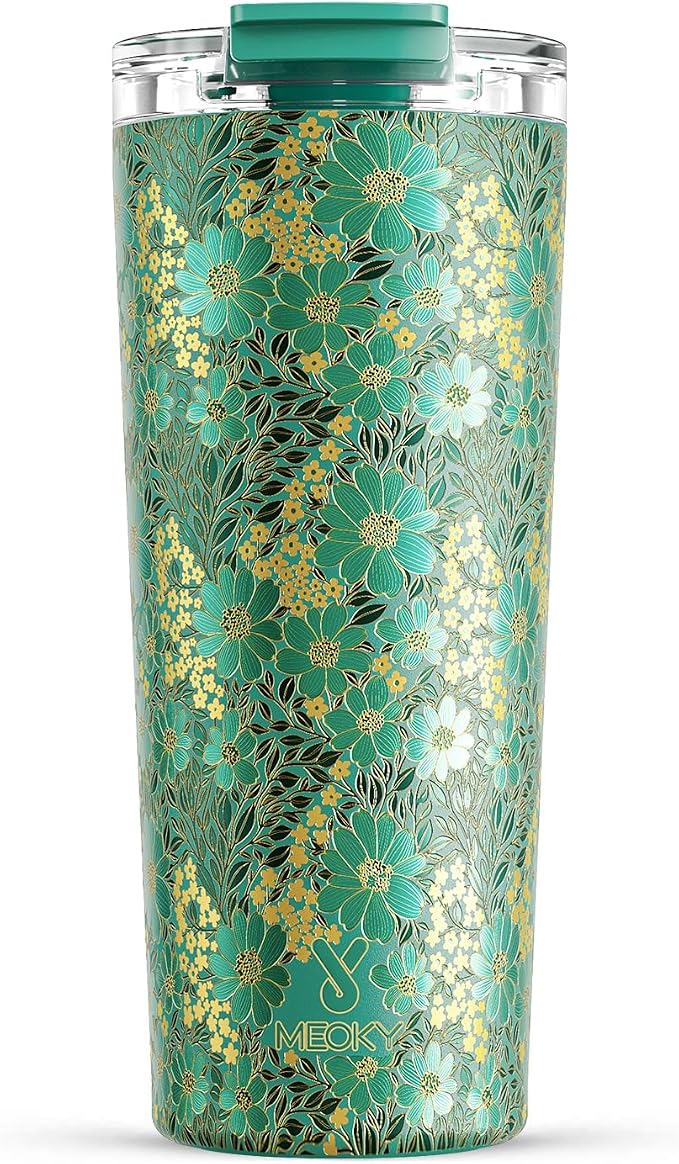 Meoky 24 oz Insulated Travel Coffee Mug: Leak Proof Lid, Emerald Bloom | Stainless Steel Coffee Tumbler, Keeps Hot for 8 Hours or Cold for 24 Hours, Fits in Car Cup Holder, BPA Free