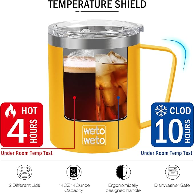 WETOWETO 14 oz Coffee Mug, Vacuum Insulated Camping Mug with Lid, Double Wall Stainless Steel Travel Tumbler Cup, Coffee Mugs Outdoor, Powder Coated Alpine Yellow