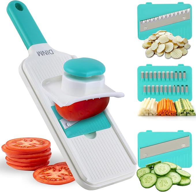DINM Handheld Mandoline Slicer for Kitchen – Stainless Steel Vegetable Slicer with 3 Interchangeable Blades, Safety Food Holder, Potato, Cucumber & Carrot Cutter