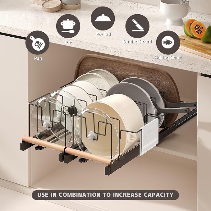 Magheo Pull Out Pots and Pans Organizer Under Cabinet, 22" Deep Expandable Pot Lid Organizer and Storage with 10 Adjustable Dividers Adhesive Pot and Pan Holder Rack with Handle Bracket(1 Pack,Black)