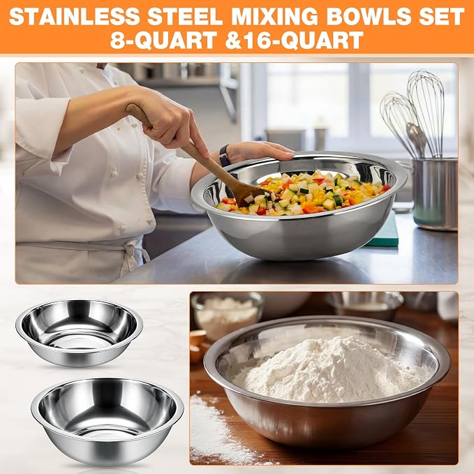 Stainless Steel Mixing Bowls Set - 4-Piece Polished Mirror Nesting Bowls 2 Pcs 8-Quart and 2 Pcs 16-Quart Flat Base Ideal for Kitchen, Cooking, Baking and Storage, Shallow