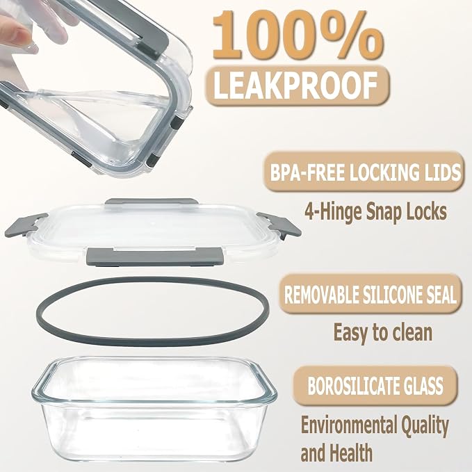 3 Packs 36oz Glass Food Storage Containers with Lids, Stackable Borosilicate Glass Bowls Meal Prep Lunch Containers Microwave Oven Freezer Safe (Gray-3)