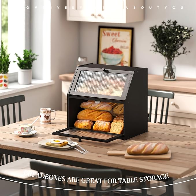 STDDRE Bread Box for Kitchen Countertop Bin Double Layer Bread Box Storage Container Extra Large Capacity with Diamond Pattern Windows (Black, Extra Large)