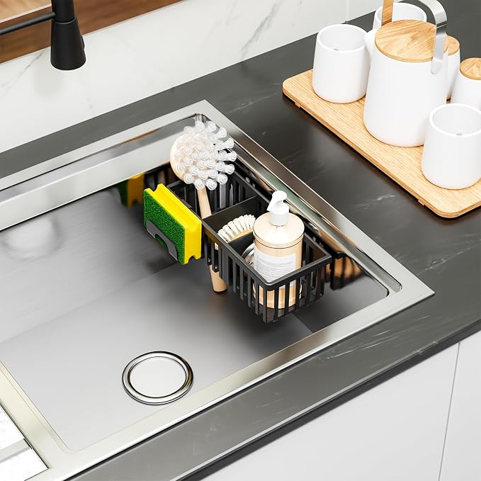 Black In Sink Sponge Holder for Kitchen Sink Organizer,3-In-1 In Sink Caddy with Suction Cups,Plastic Scrub Brush and Sink Ccrub Holder,New Home Must Haves Sponge Caddy,Dish Soap Rack,Dispenser