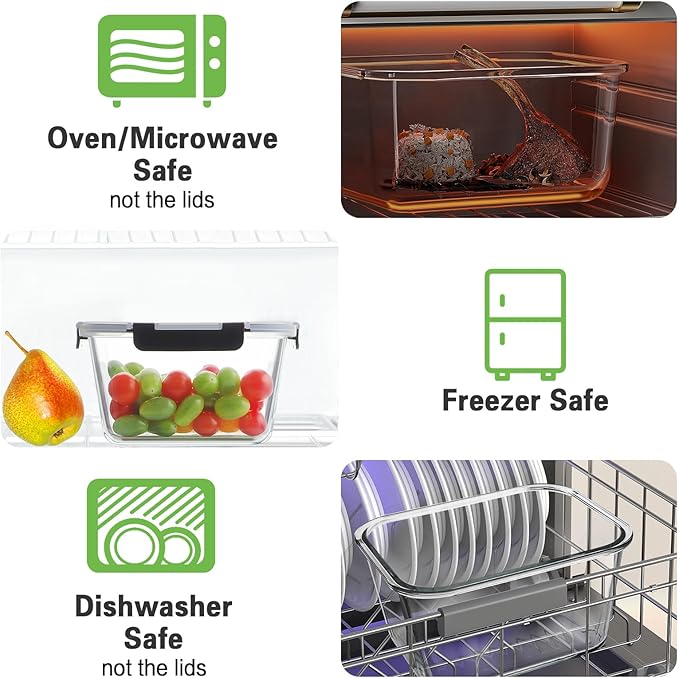 HOMBERKING 6 Pieces 63oz/8cup Large Glass Food Storage Containers with Lids, Meal Prep Containers, Airtight Bento Boxes with Leak Proof Locking (3 Containers 3 Lids), Microwave,Oven,Fridge Safe-Black