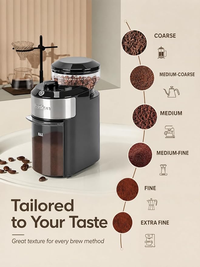 Coffee Grinder - Lonkion Electric Burr Coffee Grinder with 28 Grind Settings - Anti-Static Coffee Bean Grinder for Espresso, Drip, French Press - 2-12 Cup Adjustable - Stainless Steel - Gloss Black