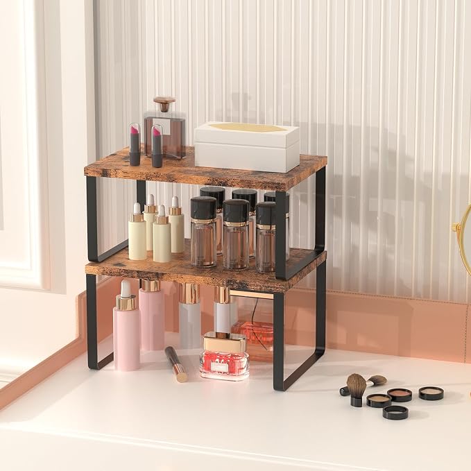 CADUKE Set of 4 Counter Shelves Kitchen Cabinet Shelf Organizer Brown | Countertop Organizer,Counter Top Racks,Stackable, Expandable, Metal and Engineered Wood, for Bathroom