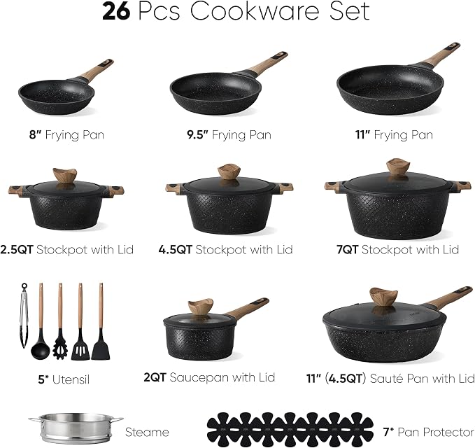 CAROTE 26pcs Nonstick Pots and Pans Set, Cookware Sets | Induction Kitchen Set, Durable, Innovative Surface Texture, Fit All Stovetops, Fast & Even Heating, with Stockpot & Steamer