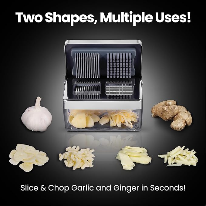 Gourmet Easy Garlic Press Chopper, 2-in-1 Slicer & Dicer, Fridge Friendly | Airtight Container Keeps Garlic and Ginger Fresh, Cleaning Sieve Included, Stainless Steel, Dishwasher Safe, 5-Year Warranty