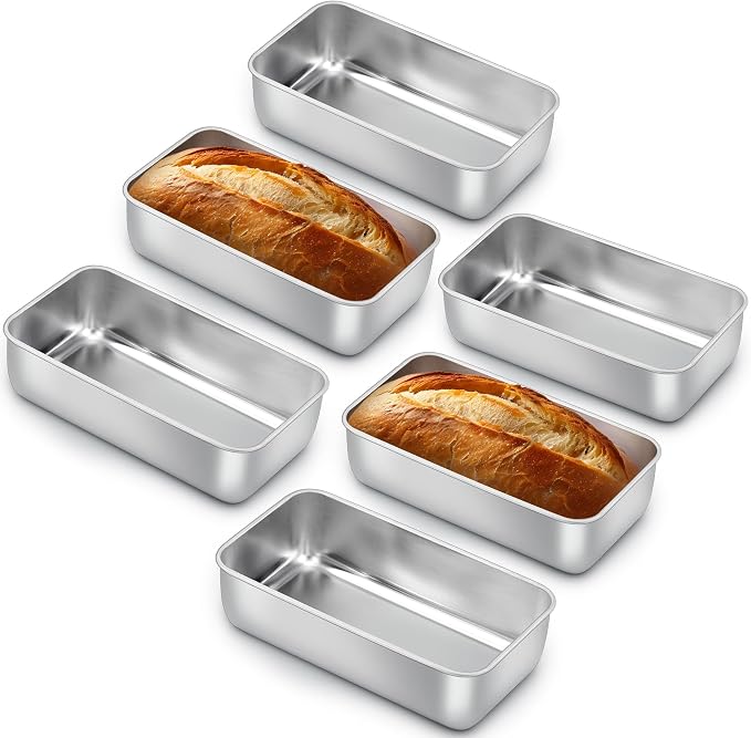 E-far Loaf Pan for Baking Bread, 9 x 5 Inch Stainless Steel Bread Pan, 6PCS | Non-Toxic Bread Tins for Homemade Banana Cake Meatloaf Brownies, Healthy & Easy Release, Dishwasher Safe