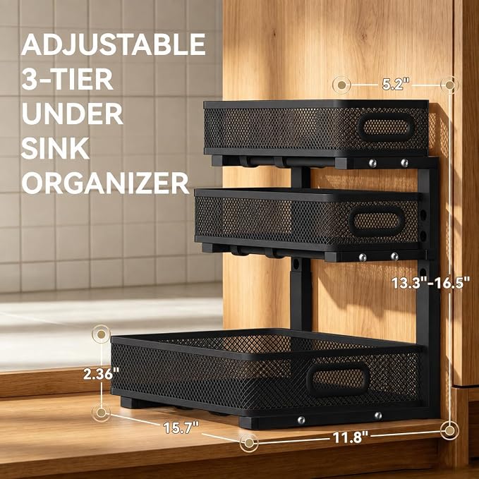 2 Pack 3 Tier Under Sink Organizer with Pull Out Drawer, Height Adjustable Heavy Duty Metal Under Cabinet Organizer, Smooth Sliding Storage Shelf for Kitchen, Bathroom Cabinet Organization, Black