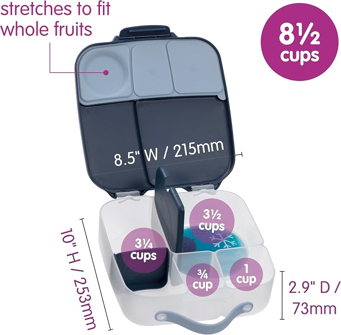 b.box Lunch Box, 8.5 Cup Bento Box for All Ages, Snack Box, Food Containers | Lunch Box Kids + Adults, Lunch Containers, 4 Compartments, Leak Proof, Dishwasher Safe, BPA Free, PFAS Free — Midnight