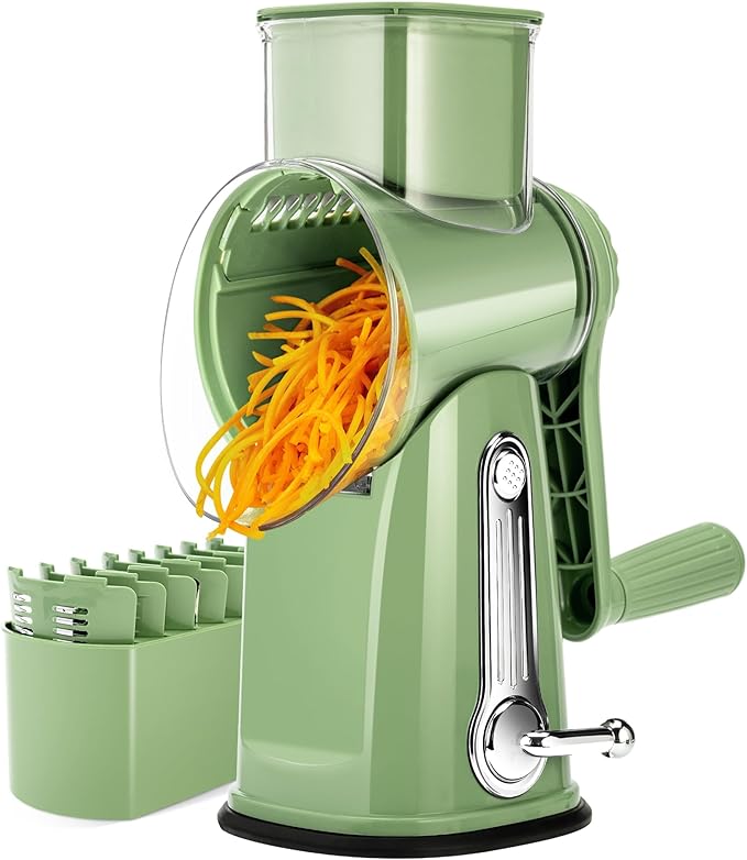 SUSTEAS Rotary Cheese Grater 5 Blades,Kitchen Mandoline Vegetable Slicer | Easy to Clean,Strong Suction Base,Blades Storage Box,Round Mandoline Slicer & Food Chopper for Cheese,Salad,Nut, Retro Green
