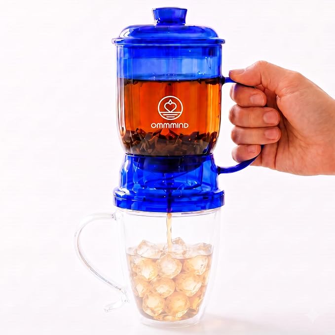 Glass Tea Infuser, Easy Drain for Loose Leaf, 15.2 oz, Ocean Blue | Fits rims under 3.15 in; set on mug to drain, lift to stop, helps limit bitterness. Dishwasher safe, tea bags, herbs, coffee