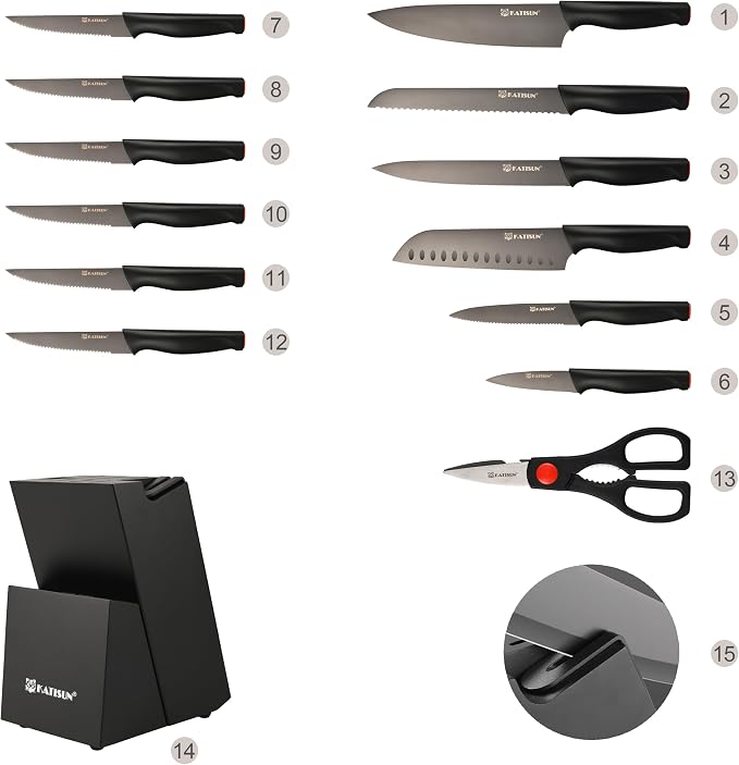 15-Piece Black Titanium German Steel Kitchen Knife Block Set | Beveled Mercerized Blades With Built-In Sharpener. Features Non-Slip Ergonomic Handles & Complete Cutlery Storage