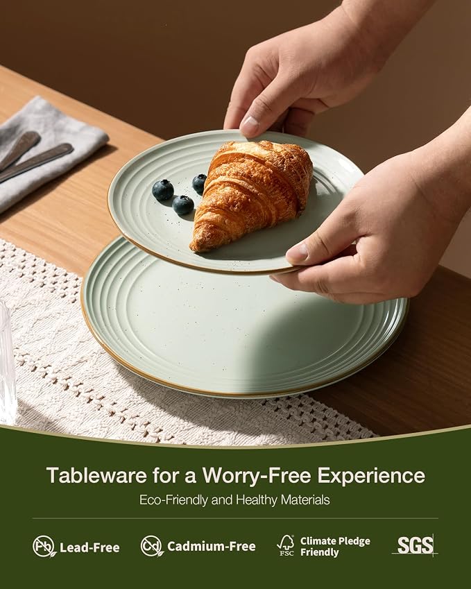 Famiware Jupiter Plates and Bowls Sets with Rim, Stoneware Dinnerware for 4 | 12pcs Ceramic Neutral Dishes, Speckled & Embossed Swirl, Chip & Scratch Resistant, Microwave & Dishwasher Safe, Light Green