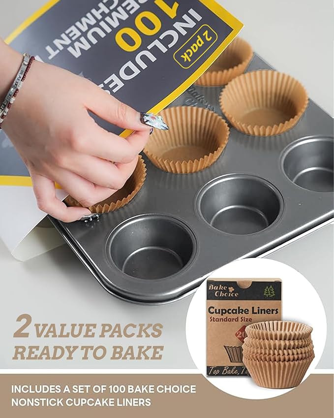 Bake Choice 2 Muffin Pan for Baking, Standard Cupcake Pan with 100 Liners | Includes 100 Natural Cupcake Liners, Non-Stick Muffin Tin Nonstick 12 Cup, Baking Pans Set, Carbon Steel Baking Supplies